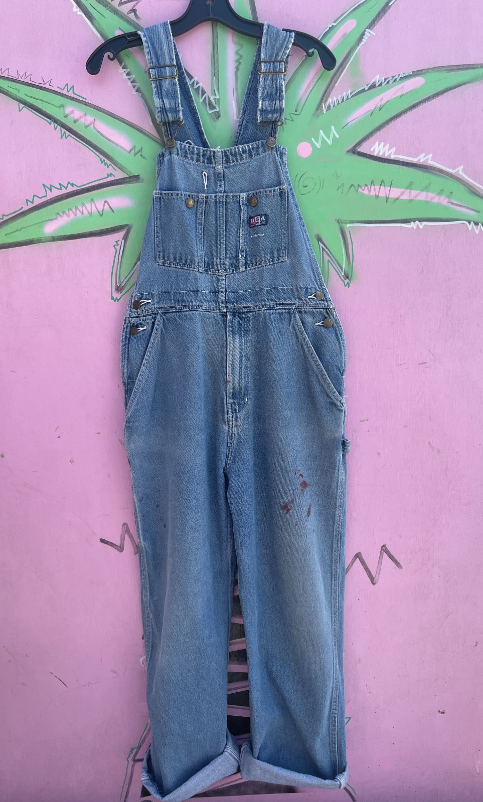 USA WORKS CLASSIC 1990S PAINT STAIN DISTRESSED PERFECTLY FADED BLUE JEAN OVERALLS