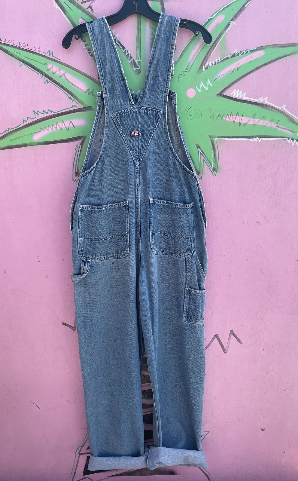 USA WORKS CLASSIC 1990S PAINT STAIN DISTRESSED PERFECTLY FADED BLUE JEAN OVERALLS