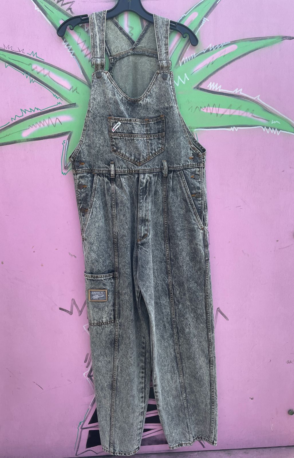 JAVOLIS FUN! 1980S ACID WASH DENIM OVERALLS in GREY
