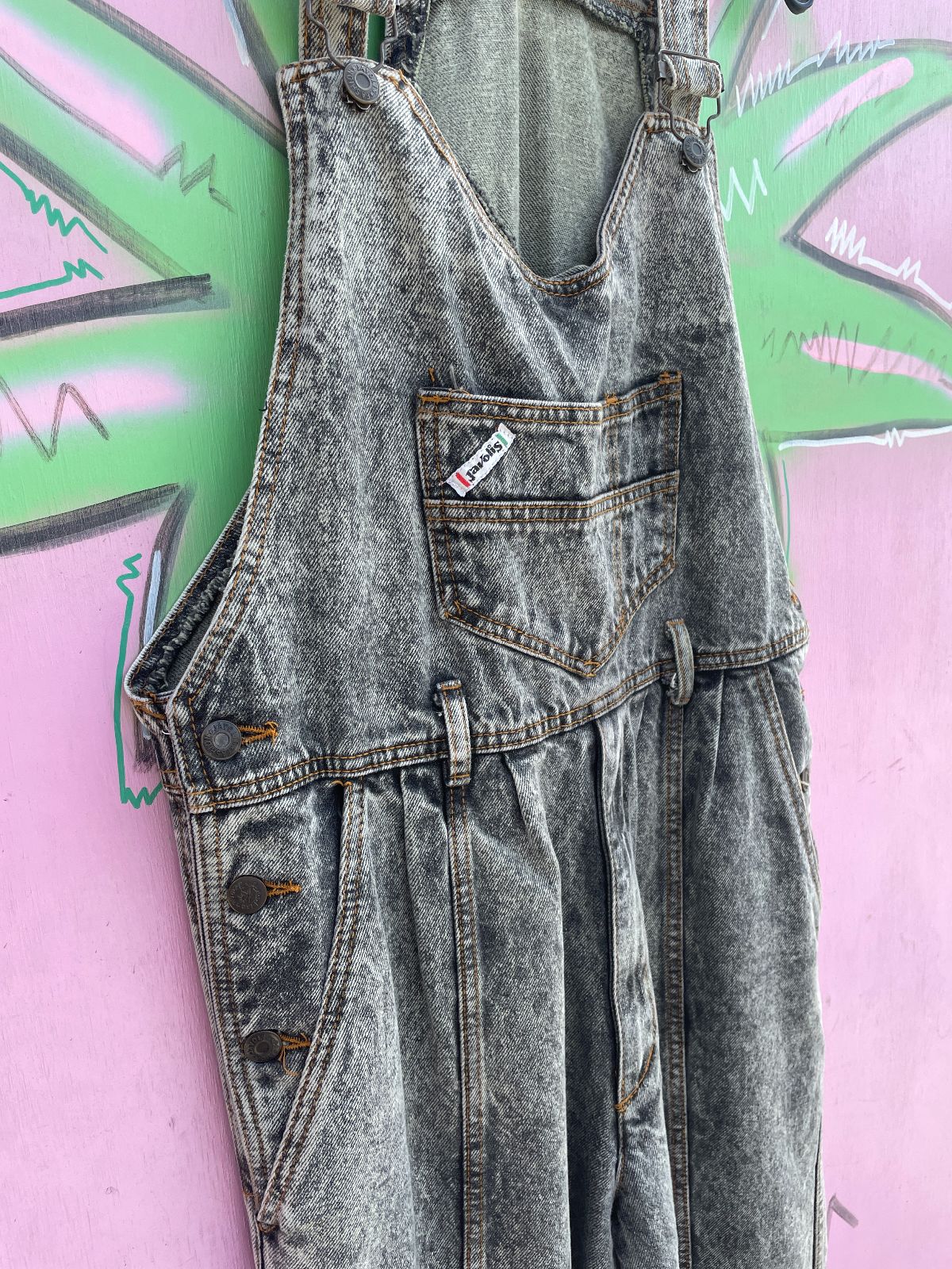 JAVOLIS FUN! 1980S ACID WASH DENIM OVERALLS in GREY