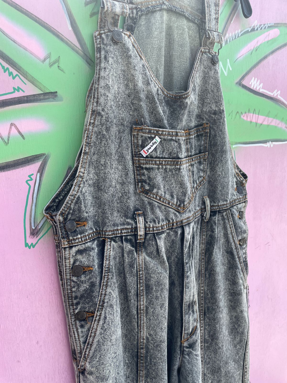 JAVOLIS FUN! 1980S ACID WASH DENIM OVERALLS in GREY