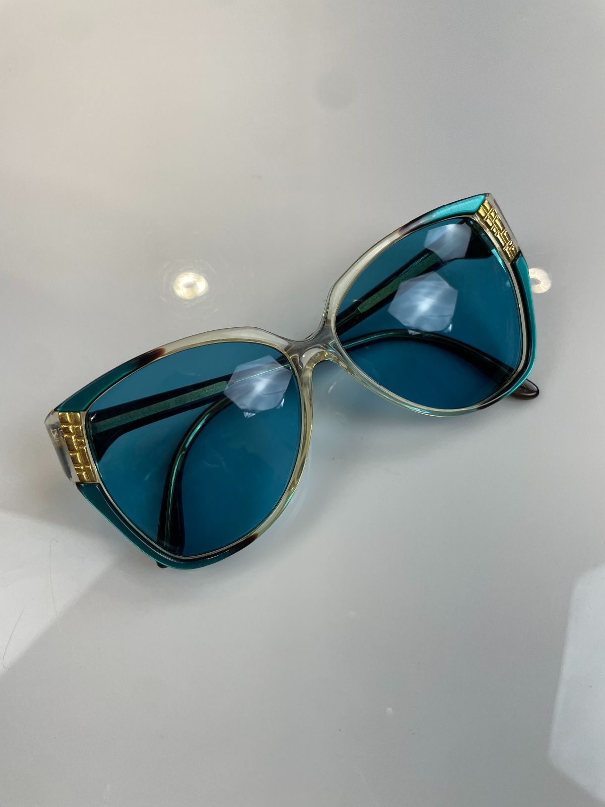 GUCCI 1970S-80S CUSTOM TINTED LENSE HEXAGONAL SUNGLASSES, GOLD DETAILS in BLUE, GOLD
