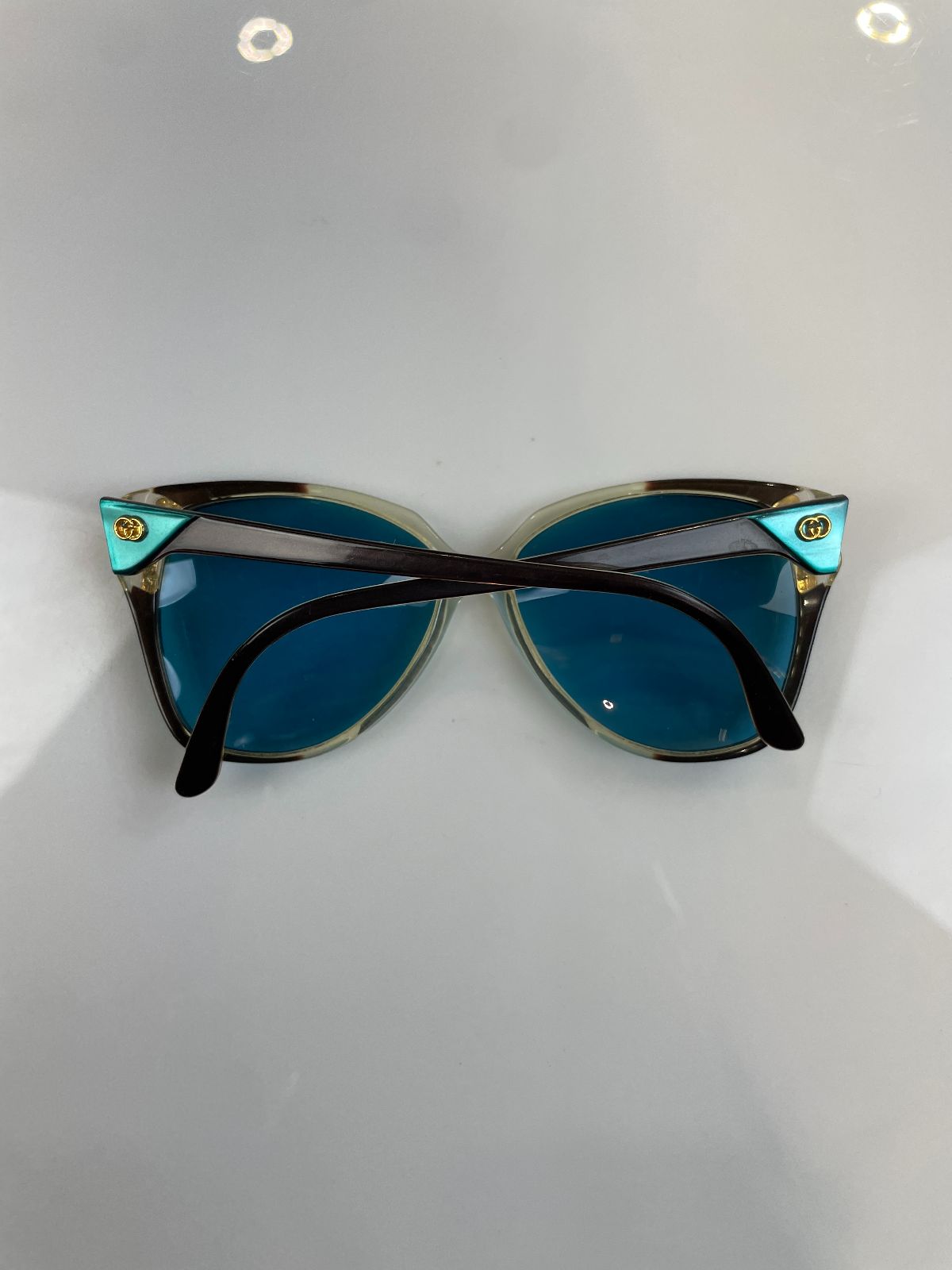 GUCCI 1970S-80S CUSTOM TINTED LENSE HEXAGONAL SUNGLASSES, GOLD DETAILS in BLUE, GOLD