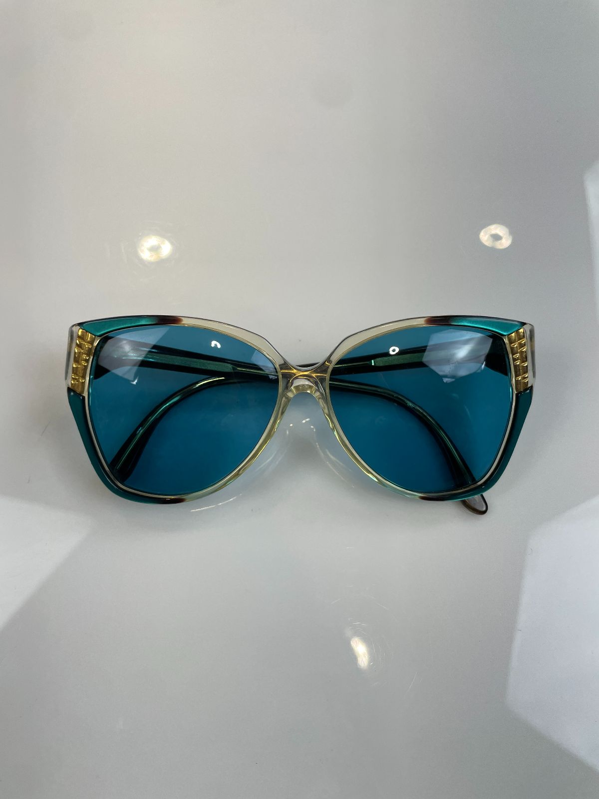 GUCCI 1970S-80S CUSTOM TINTED LENSE HEXAGONAL SUNGLASSES, GOLD DETAILS in BLUE, GOLD