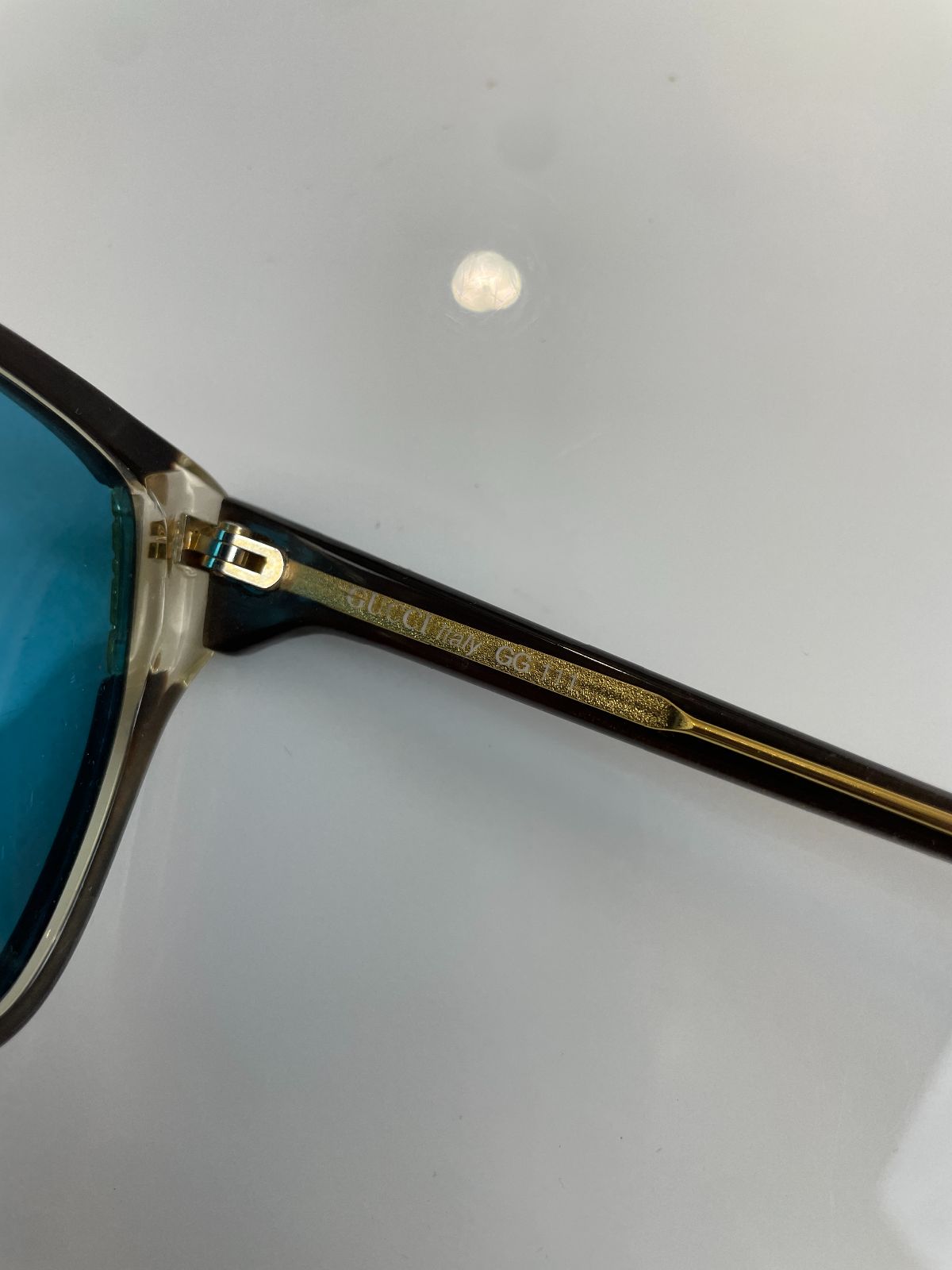 GUCCI 1970S-80S CUSTOM TINTED LENSE HEXAGONAL SUNGLASSES, GOLD DETAILS in BLUE, GOLD