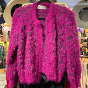 BERLIN SWEET! FUZZY CARDIGAN SWEATER , CLEAR ROUND BAUBLE BUTTONS in PURPLE, BLACK