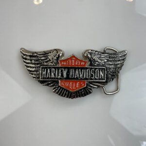 HARLEY DAVIDSON CLASSIC HARLEY DAVIDSON WINGS BELT BUCKLE, ENAMELED COLORING in SILVER, ORANGE, BLACK