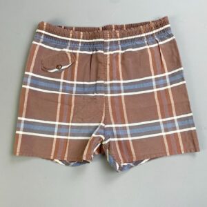*AS-IS* 1960S PLAID PRINT BATHING SUIT SHORTS, THERMAL LINING, SMALL FRONT COIN POCKET in TAUPE, BLUE