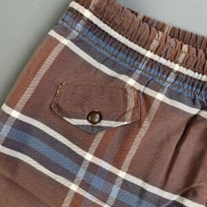 *AS-IS* 1960S PLAID PRINT BATHING SUIT SHORTS, THERMAL LINING, SMALL FRONT COIN POCKET in TAUPE, BLUE
