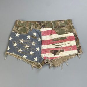 RALPH LAUREN DENIM & SUPPLY RALPH LAUREN DISTRESSED AMERICAN FLAG STITCHED CUT OFF CAMO PRINT SHORTS in GREEN
