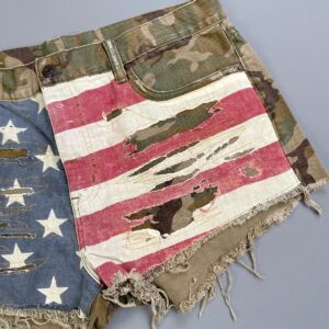 RALPH LAUREN DENIM & SUPPLY RALPH LAUREN DISTRESSED AMERICAN FLAG STITCHED CUT OFF CAMO PRINT SHORTS in GREEN