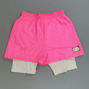 NEXT EXIT SO CUTE!!! 1980S MADE IN USA NEON DAY GLOW PINK NYLON RUNNING SHORTS, BUILT IN UNDER LEGGINGS in PINK, GREY