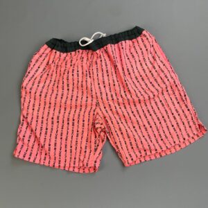 GENERATION ONE SURF GEAR *AS-IS* 1980S-90S TRIBAL PRINT NEON PINK NYLON SWIM TRUNKS, DRAWSTRING WAIST in PINK, BLACK
