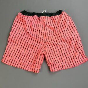 GENERATION ONE SURF GEAR *AS-IS* 1980S-90S TRIBAL PRINT NEON PINK NYLON SWIM TRUNKS, DRAWSTRING WAIST in PINK, BLACK