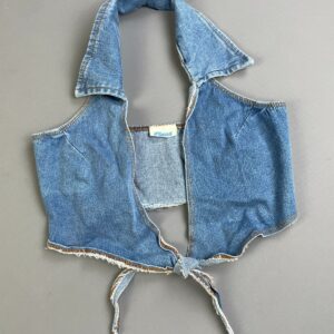 FLAVA ADORABLE! 1990S TIE FRONT DENIM COLLARED HALTER TOP in BLUE