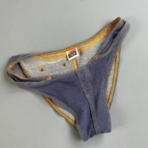 SUNSET BEACH 1980S SUPER RARE! FITTED DENIM HIGH CUT BATHING SUIT BOTTOMS, CONTRAST STITCHING, COPPER RIVETS & POCKET! in BLUE, YELLOW