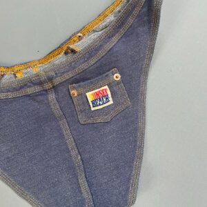 SUNSET BEACH 1980S SUPER RARE! FITTED DENIM HIGH CUT BATHING SUIT BOTTOMS, CONTRAST STITCHING, COPPER RIVETS & POCKET! in BLUE, YELLOW