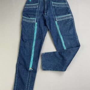 FILIPPO *AS-IS* SO CUTE! 1980S DARK DENIM TAPERED ZIPPER JEANS, CONTRAST STITCHING, ATTACHED BELT in BLUE, TEAL