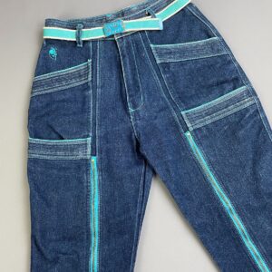 FILIPPO *AS-IS* SO CUTE! 1980S DARK DENIM TAPERED ZIPPER JEANS, CONTRAST STITCHING, ATTACHED BELT in BLUE, TEAL