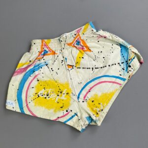 FOR PLAY *AS-IS* 1980S 100% COTTON SPLATTER PRINT BOXER SHORTS, ELASTIC WAIST - SMALL FIT in BLUE, PINK, YELLOW