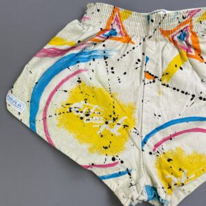 FOR PLAY *AS-IS* 1980S 100% COTTON SPLATTER PRINT BOXER SHORTS, ELASTIC WAIST - SMALL FIT in BLUE, PINK, YELLOW