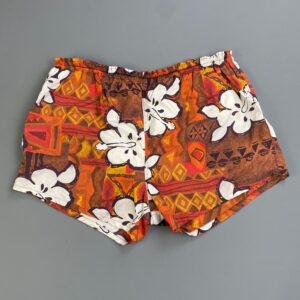 MORRIS & CO SUPER NICE! 1960S-70S MADE IN FIJI- HAWAIIAN PRINT COTTON SWIM TRUNKS, COTTON RIBBED LINING in BROWN, ORANGE