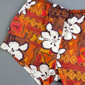 MORRIS & CO SUPER NICE! 1960S-70S MADE IN FIJI- HAWAIIAN PRINT COTTON SWIM TRUNKS, COTTON RIBBED LINING in BROWN, ORANGE