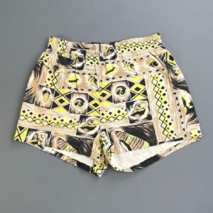 SPORTS APPAREL *AS-IS* 1940S-50S 100% COTTON HAWAIIAN TIKI PRINT SWIM SHORTS, COTTON THERMAL LINING, COCONUT BUTTONS in YELLOW, BLACK, TAN