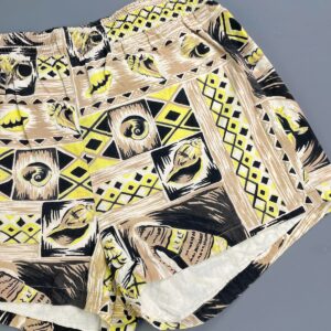SPORTS APPAREL *AS-IS* 1940S-50S 100% COTTON HAWAIIAN TIKI PRINT SWIM SHORTS, COTTON THERMAL LINING, COCONUT BUTTONS in YELLOW, BLACK, TAN