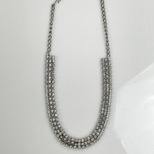THREE ROW RHINESTONE COLLAR NECKLACE WITH FISH HOOK CLASP in SILVER