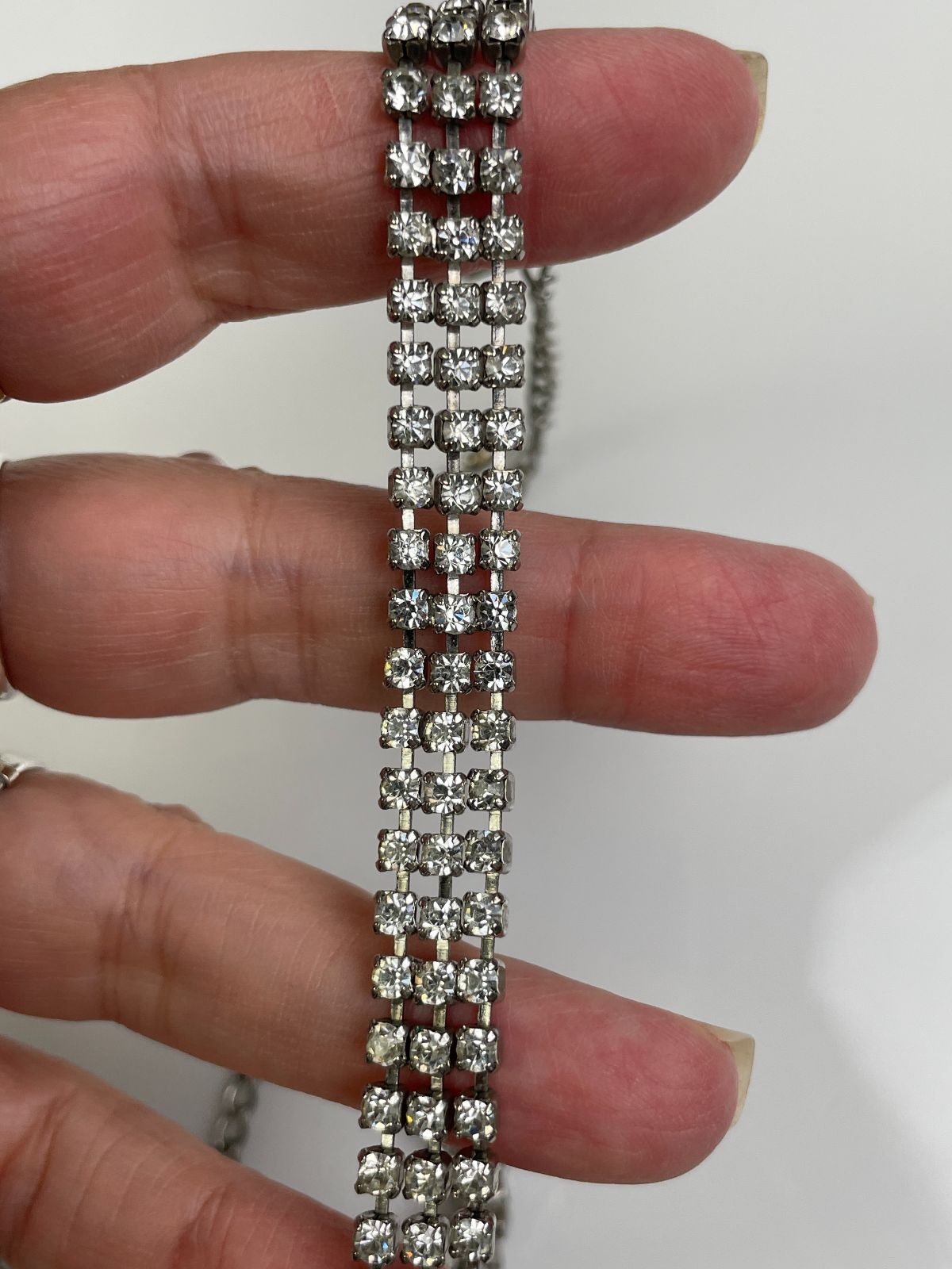 THREE ROW RHINESTONE COLLAR NECKLACE WITH FISH HOOK CLASP in SILVER