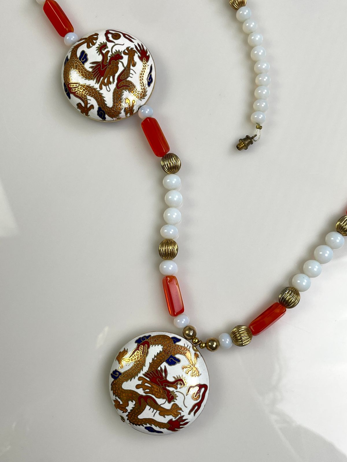 CHINESE DRAGON BEADED NECKLACE WITH SCREW BARREL CLASP in ORANGE, WHITE, GOLD