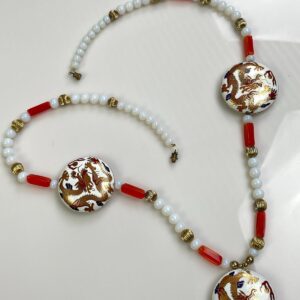 CHINESE DRAGON BEADED NECKLACE WITH SCREW BARREL CLASP in ORANGE, WHITE, GOLD