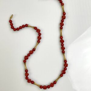 RED CLAY CARVED BEADED NECKLACE WITH BRASS ALTERNATING CONE BEADS in RED, GOLD
