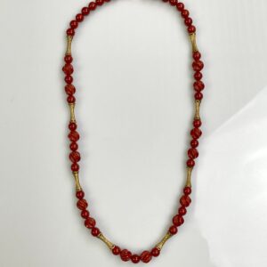 RED CLAY CARVED BEADED NECKLACE WITH BRASS ALTERNATING CONE BEADS in RED, GOLD
