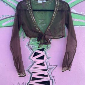 CHARLOTTE RUSSE CUTE! Y2K! DEADSTOCK! SHEER EMBROIDERED & BEADED CROPPED TIE FRONT BLOUSE in BROWN, GOLD