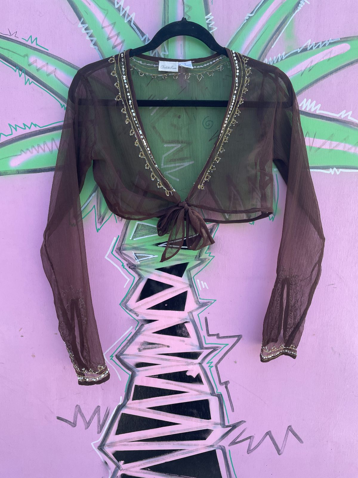 CHARLOTTE RUSSE CUTE! Y2K! DEADSTOCK! SHEER EMBROIDERED & BEADED CROPPED TIE FRONT BLOUSE in BROWN, GOLD