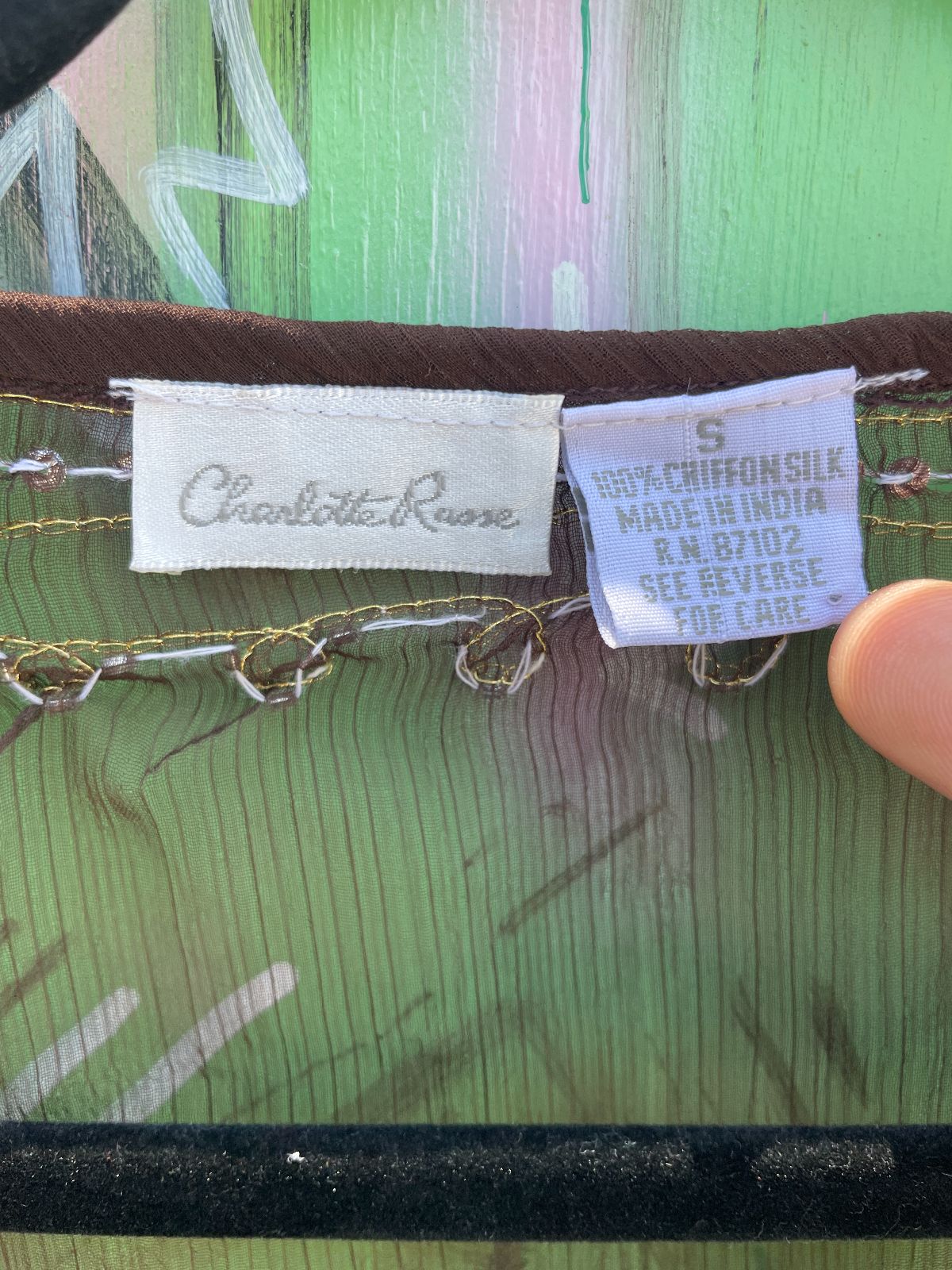 CHARLOTTE RUSSE CUTE! Y2K! DEADSTOCK! SHEER EMBROIDERED & BEADED CROPPED TIE FRONT BLOUSE in BROWN, GOLD