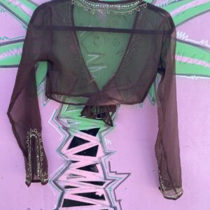 CHARLOTTE RUSSE CUTE! Y2K! DEADSTOCK! SHEER EMBROIDERED & BEADED CROPPED TIE FRONT BLOUSE in BROWN, GOLD
