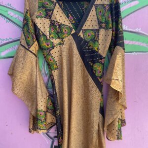 SILKY INDIAN GEOMETRIC PAISLEY PRINT V-NECK TUNIC DRESS, DASHIKI STYLE ANGEL SLEEVES in TAN, BLACK