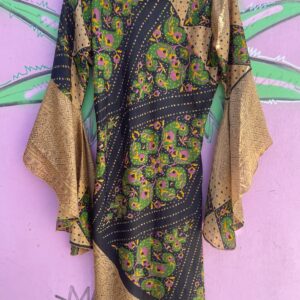 SILKY INDIAN GEOMETRIC PAISLEY PRINT V-NECK TUNIC DRESS, DASHIKI STYLE ANGEL SLEEVES in TAN, BLACK