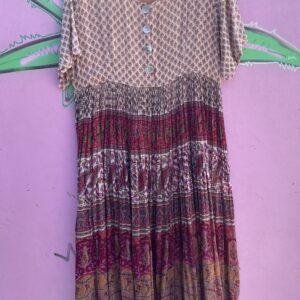 *AS-IS* 1990S INDIAN COTTON BLOCK PRINT STYLE  QUARTER BUTTON SHIRT DRESS in TAN, PURPLE, RED
