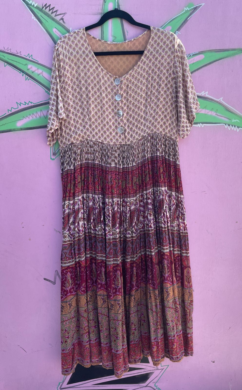 *AS-IS* 1990S INDIAN COTTON BLOCK PRINT STYLE QUARTER BUTTON SHIRT DRESS in TAN, PURPLE, RED