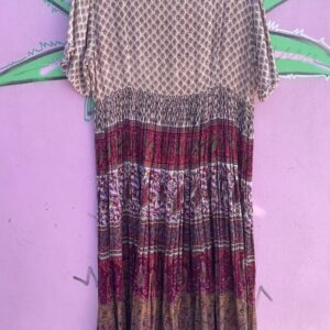 *AS-IS* 1990S INDIAN COTTON BLOCK PRINT STYLE  QUARTER BUTTON SHIRT DRESS in TAN, PURPLE, RED