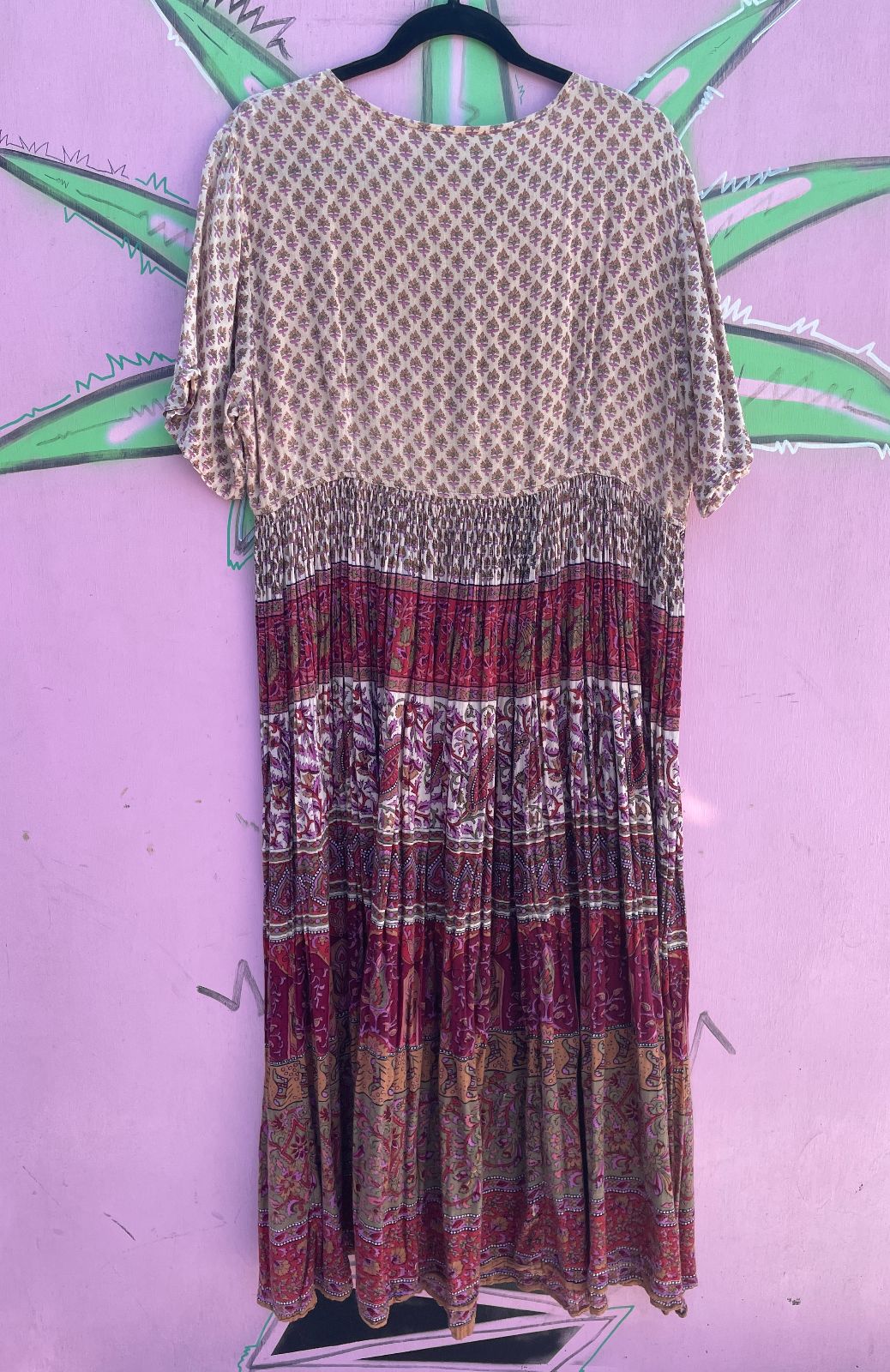 *AS-IS* 1990S INDIAN COTTON BLOCK PRINT STYLE QUARTER BUTTON SHIRT DRESS in TAN, PURPLE, RED