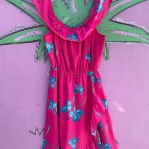CASUAL WEAR *AS-IS* 1980S NEON PINK HAWAIIAN TROPICAL PRINT OFF THE SHOULDER RUFFLE MIDI DRESS in PINK, BLUE, GREEN
