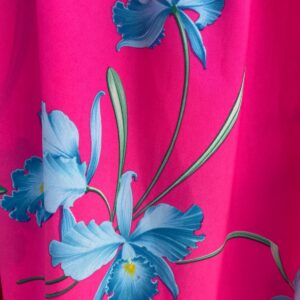 CASUAL WEAR *AS-IS* 1980S NEON PINK HAWAIIAN TROPICAL PRINT OFF THE SHOULDER RUFFLE MIDI DRESS in PINK, BLUE, GREEN