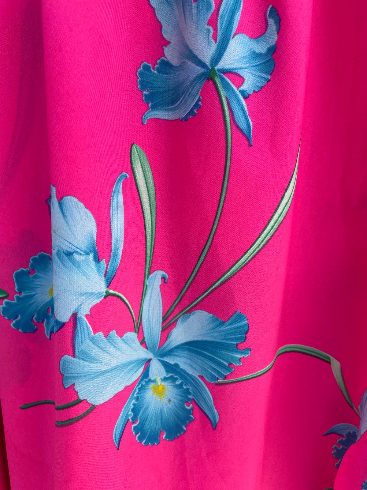 CASUAL WEAR *AS-IS* 1980S NEON PINK HAWAIIAN TROPICAL PRINT OFF THE SHOULDER RUFFLE MIDI DRESS in PINK, BLUE, GREEN