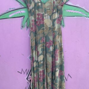 CAROLE LITTLE CUTE! *AS-IS* 1990S PAINTED FLORAL PATTERN RUCHED SHORT SLEEVE MAXI DRESS PEEPHOLE BACK in GREEN, PINK, BROWN
