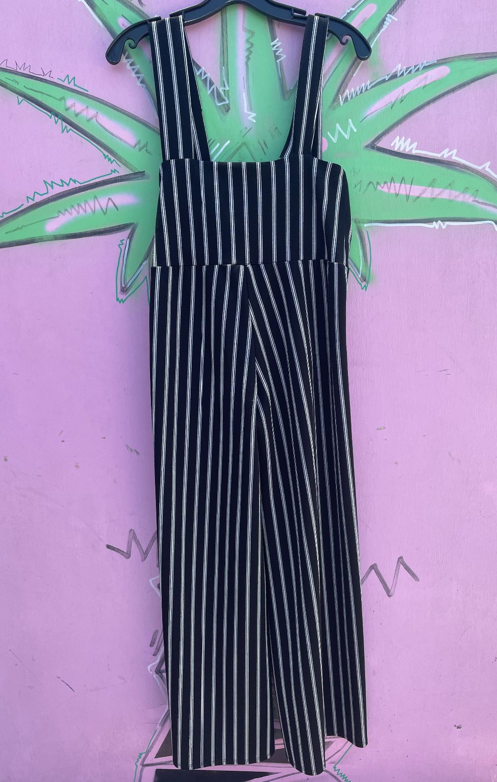 VAMP AS-IS 1990S MADE IN USA STRETCH VERTICAL STRIPED JUMPSUIT FRONT BUTTONS in BLACK, WHITE